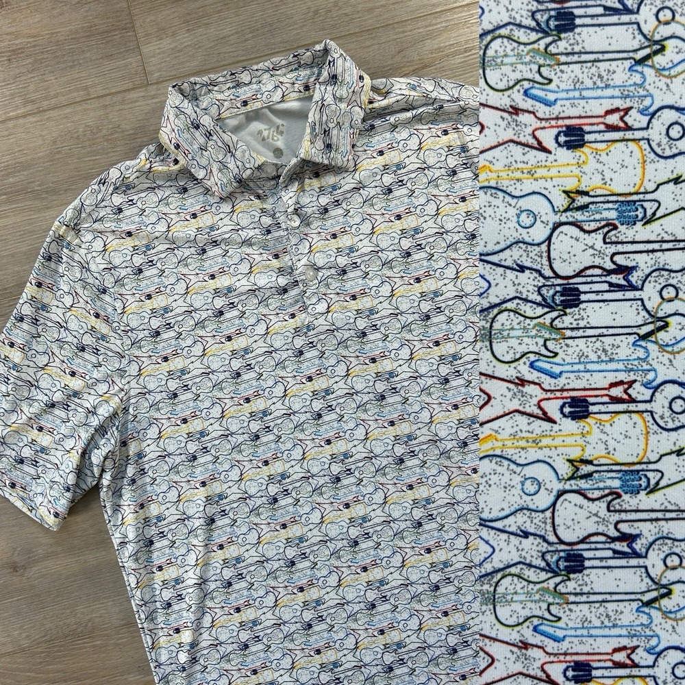 1764 Golf Polo Shirt Guitar Print Mens M Multi Stretch Jersey Active Sport Music